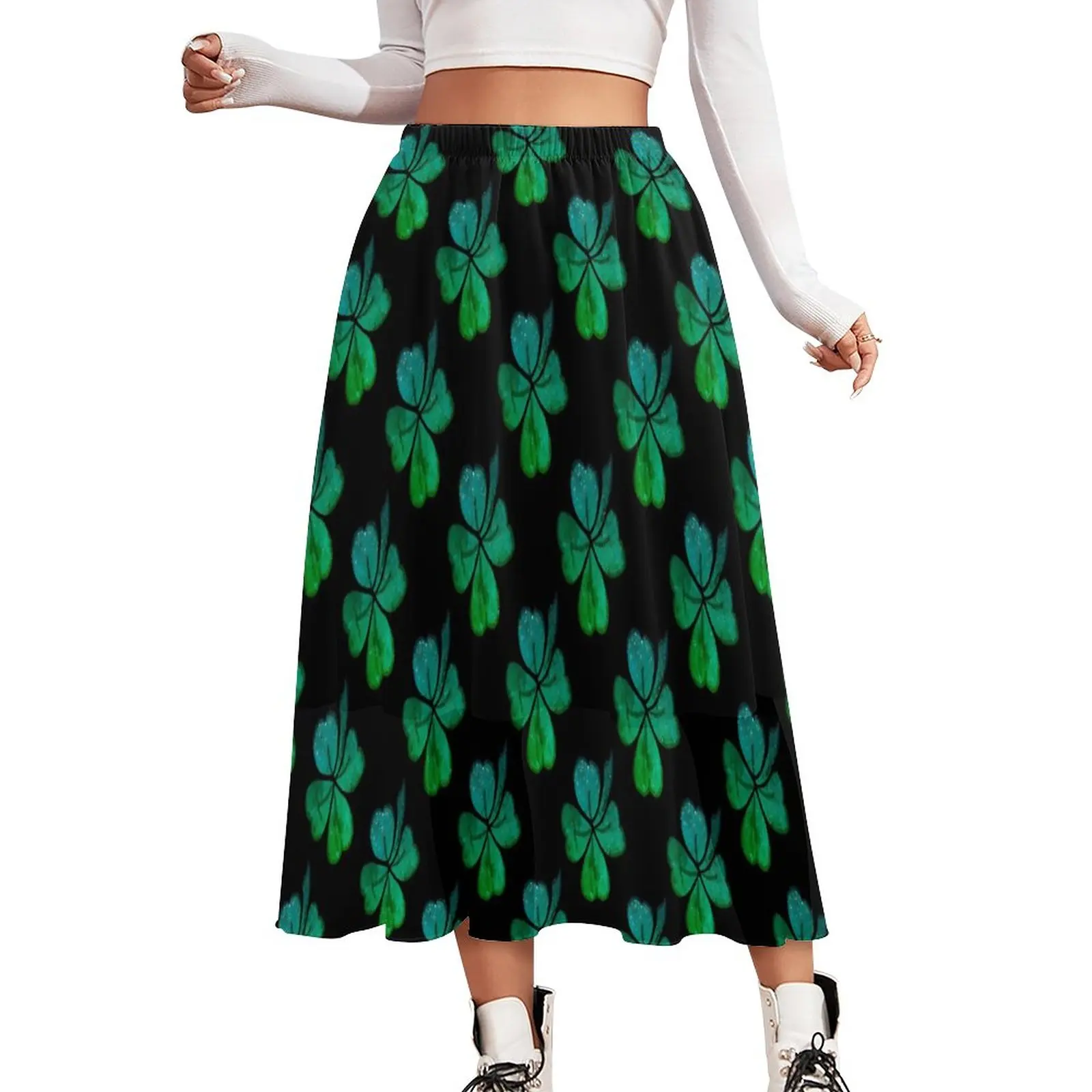 

Shamrock Clover Skirt Woman Green Leaves Print Kawaii Boho Skirts Graphic Elastic Waist Aesthetic A-line Skirt Big Size 3XL 3XL