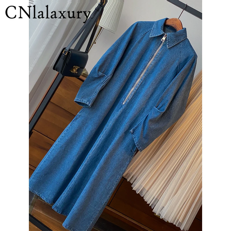 

CNlalaxury Autumn Woman Blue Denim Dress Casual Vintage Long Sleeves Waist Design Cowboy Dresses Medium Length Vestidos Mujer