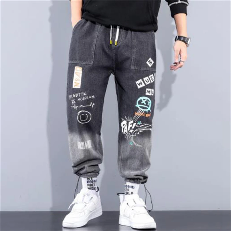 

Джинсы-шаровары мужские свободного покроя, джинсы-карго с эластичной талией, Всесезонные брюки с эффектом потертости, одежда в Корейском стиле, большие размеры
