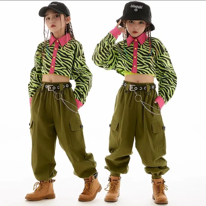 

Детский костюм в стиле хип-хоп для девочек, короткая куртка для джазовых танцев, брюки-карго, свободный Камуфляжный костюм для выступлений, танцевальная одежда в современном стиле, 2023