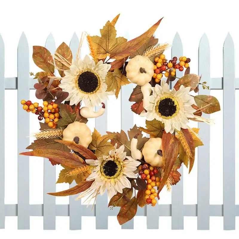 

Fall Door Wreath Artificial Fall Wreaths With Pumpkins 45Cm/17.72Inch Rustic Seasonal Sunflower Berry Clusters Harvest Party