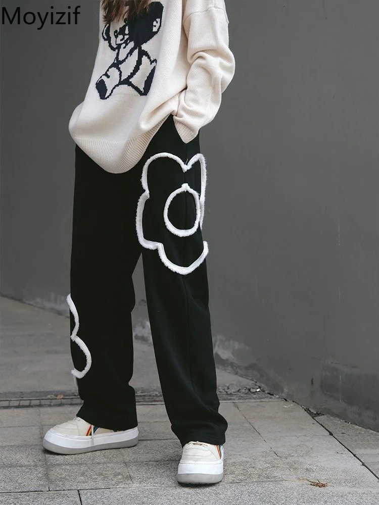 

Moyizif Pants Floral Black Wide Leg Pants Baggy Straight Trousers Casual High Waisted Pants Streetwear Women Korean Spring 2022