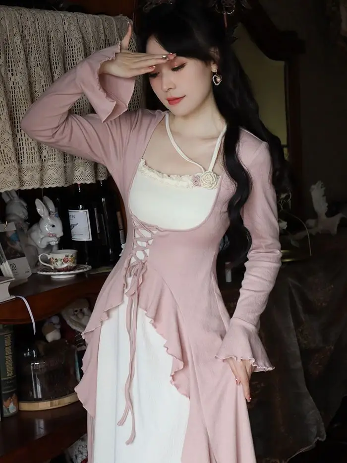 

2022 Autumn French Elegant Knitted Midi Dress Woman Party Korean Fashion Fake Two Dress Casual Slim Long Sleeve Dress Female