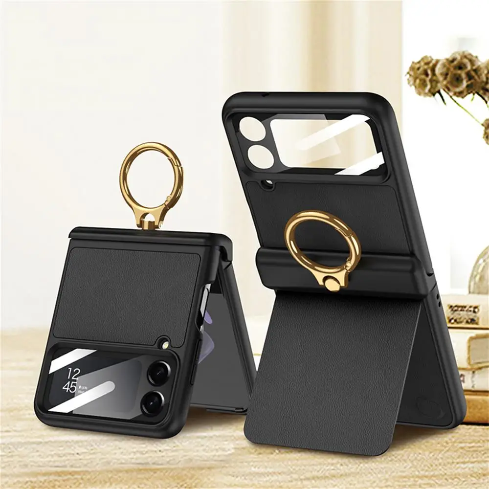 

For Samsung Galaxy Z Flip 4 Case Ultra-thin Plain Leather Magnetic Hinge Finger Ring Holder Bracket Mirror Film Shockproof Cover