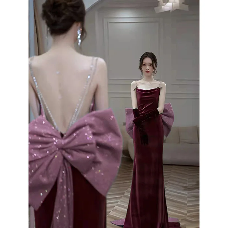 Женское бархатное вечернее платье, Бордовое платье со шлейфом, элегантное платье принцессы в стиле Ципао без бретелек, банкетное платье знаменитости
