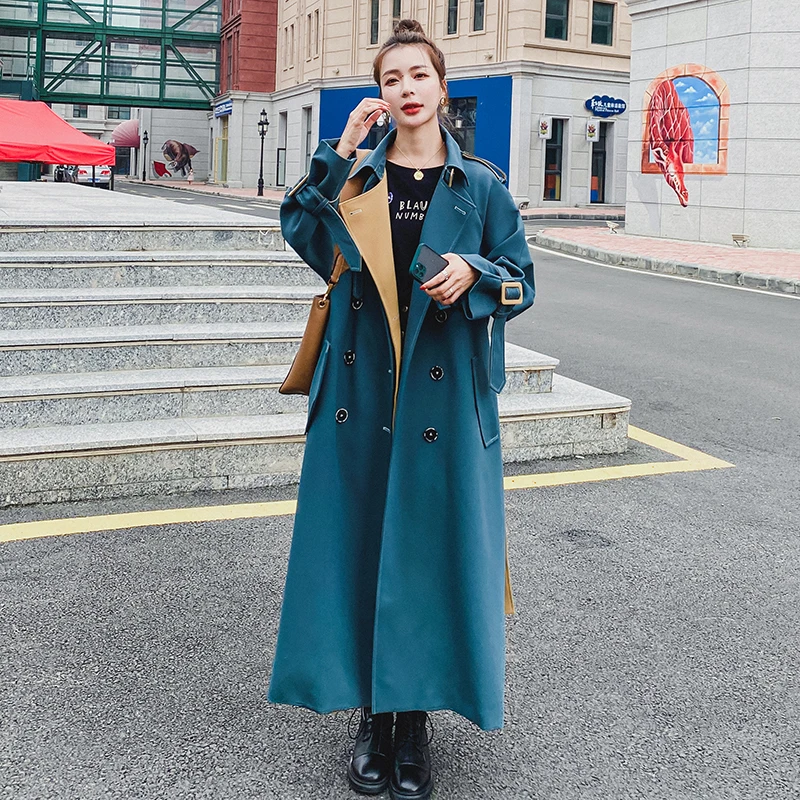 

Тренчкот женский длинный, двубортный жакет свободного покроя в Корейском стиле, с вышивкой, синего павлина, весна-осень 2020