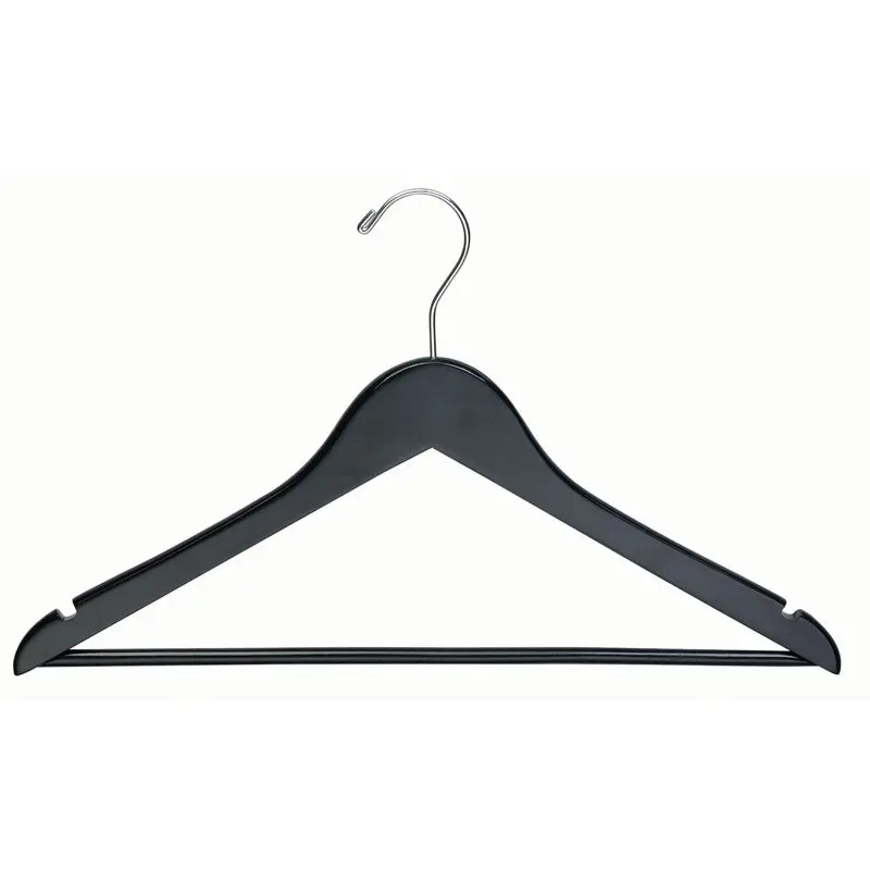 

Black Wood Suit Hanger w/ Solid Wood Bar, Box of 50 Space Saving 17 Inch Flat Wooden Hangers w/ Chrome Swivel Hook & Notches fo