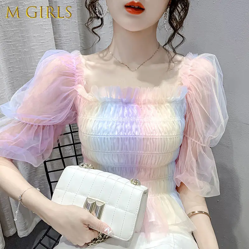 

Blouses Women Puff Short Sleeve Fashion Leisure Slim Square Collar Gentle All-match Feminino Tops Korean Version Chic Creativity