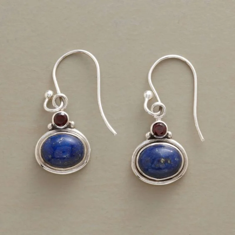 

Ethnic Round Lapis Lazuli Earring Vintage Jewelry Metal Silver Color Carving Water Droplets Blue Stone Dangle Earrings for Women
