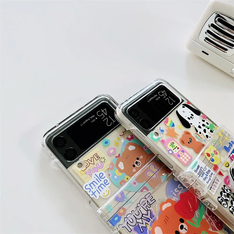 Cartoon Graffiti Bear Spotted Dog Phone Case for Samsung Galaxy Z Flip 4 3 Hard Cover for ZFlip3 Zflip4 Solid Shell Bracket