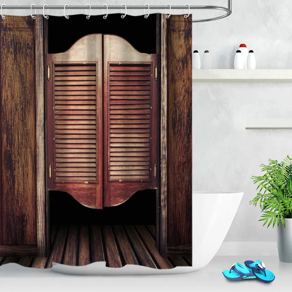 

Wooden Door Shower Curtain Retro Rustic Barn Wood Door Europe Western Country Home Decor Bath Curtain Hooks