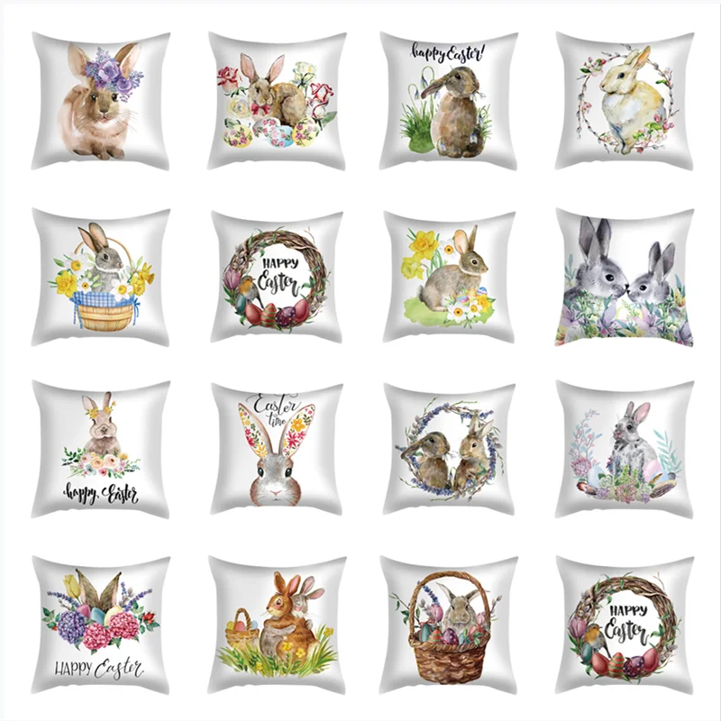 

Happy Easter Cushion Cover Cartoon Eggs Bunny Flowers Printed Pillow Cover Easter Decoration for Home Sofa Decor Pillowcase