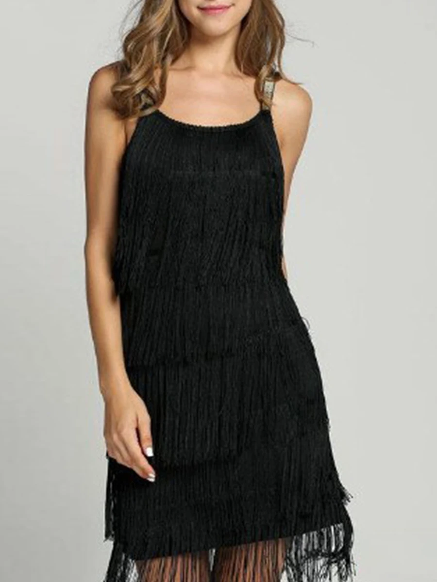 

Ladies Sling Dress Fashion Summer Women Spaghetti Strap Dress Sleeveless Tassels Backless Solid Color Elegant Female Vestidos