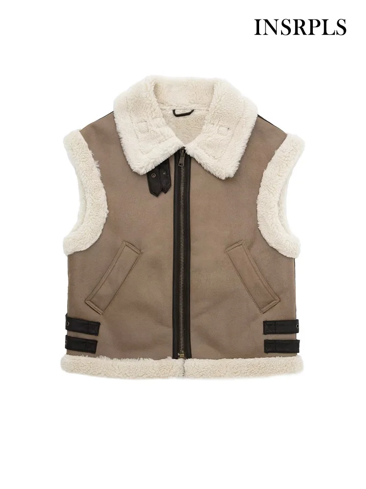

INSRPLS Women Fashion Thick Warm Faux Shearling Loose Waistcoat Vintage Sleeveless Front Zipper Female Outerwear Chic Vest Tops