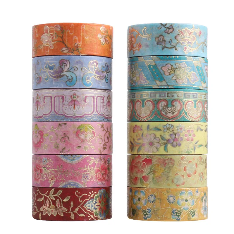 

12pcs Blooming Flowers Washi Tape Set 15mm*2m Retro Chinese Style Gold Flower Adhesive Masking Tapes Decoration Stickers F6033