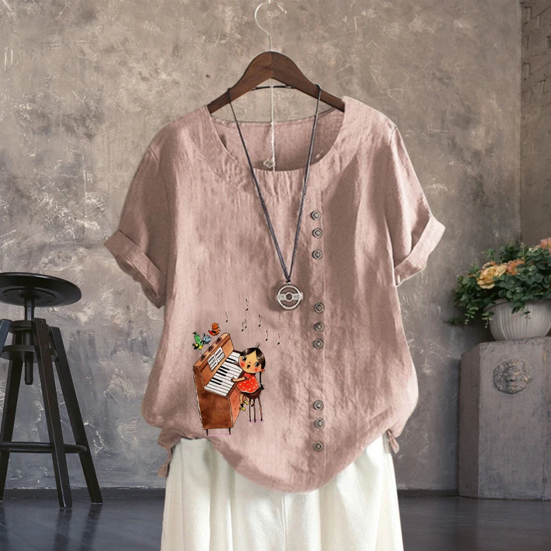 

2022 Fashion Female Summer Linen Shirts Casual Piano Girl Print Plus Size Loose Tops Solid Color Short Sleeve Shirt XS-5XL