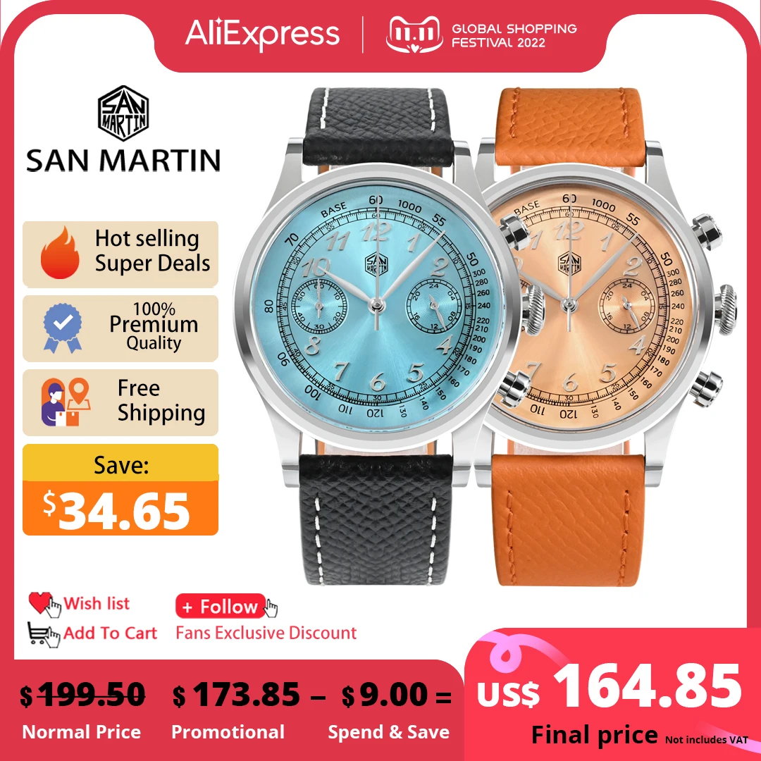 Продажа Новые мужские часы San Martin 38 мм, Модные Роскошные Кварцевые часы с хронографом для мужчин, сапфировые зеркальные наручные часы 5ATM