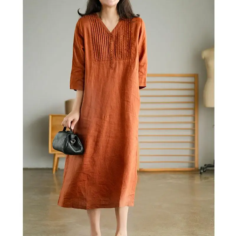 

Yfashion Women Summer Cotton Linen Dress OL Lady Loose Solid Color Midi Skirt Fashion Trend V Neck Half Sleeves Dress