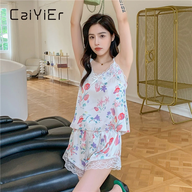 

CAIYIER Sexy Tulip Print Women Nightwear Lace V-Neck Cami Top and Shorts Sleepwear Ladies Lingerie Pajamas Set Summer Homewear[
