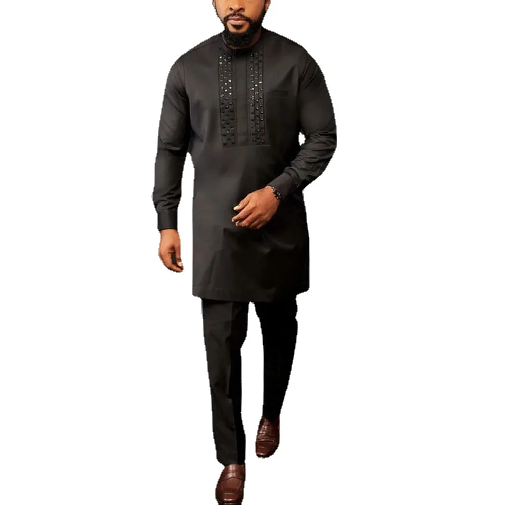 

2 Piece Suit African Dashiki Outfit Mens Solid Color Tops Pants Hippie Men Fashion Muslim Sets Thobe 2023 European Clothing