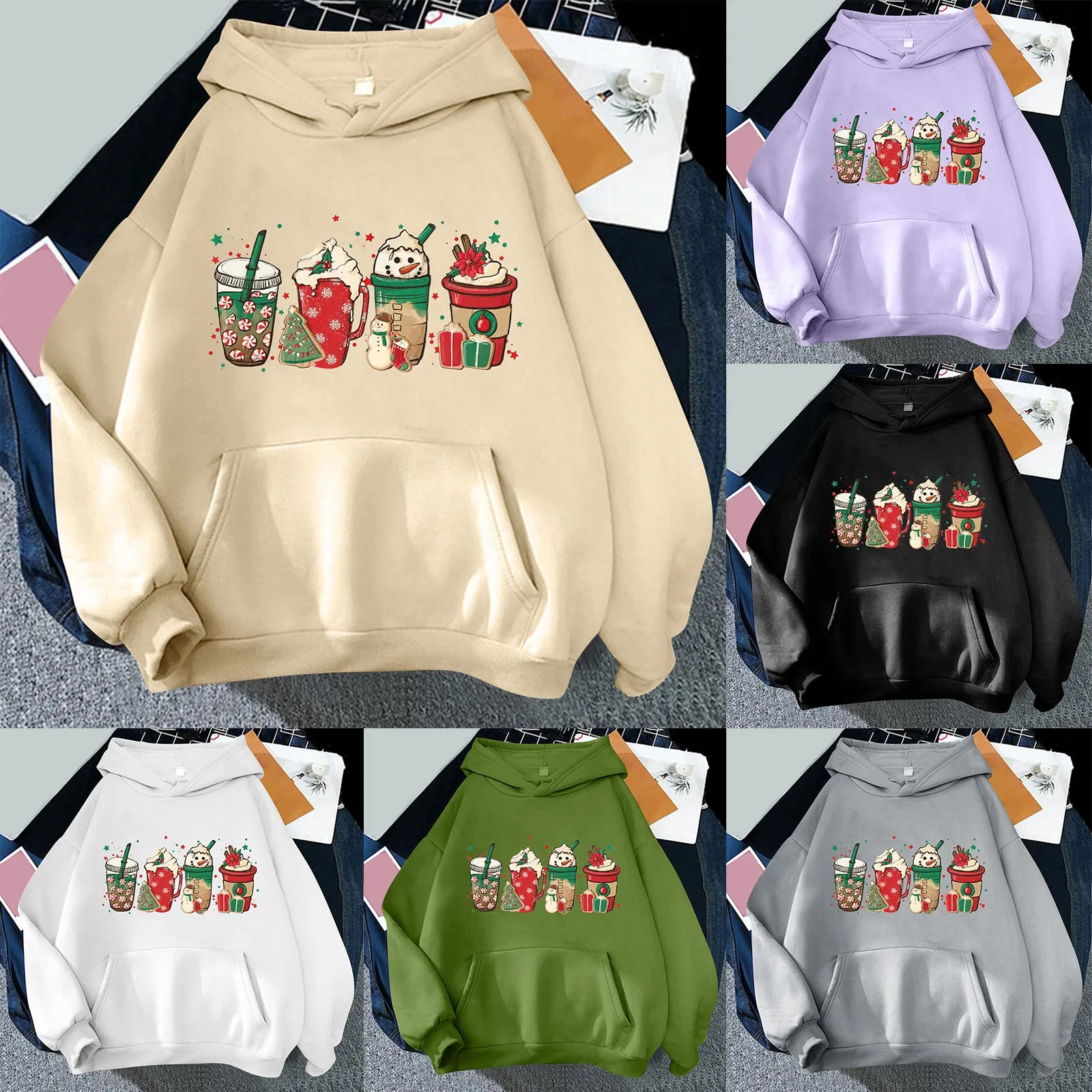 

Womens Cute Cup Printing Sweatshirts Print Long Sleeve Hoodie Pullover Tops Christmas Sweatshirts Fuzzy Pullover Hoodie