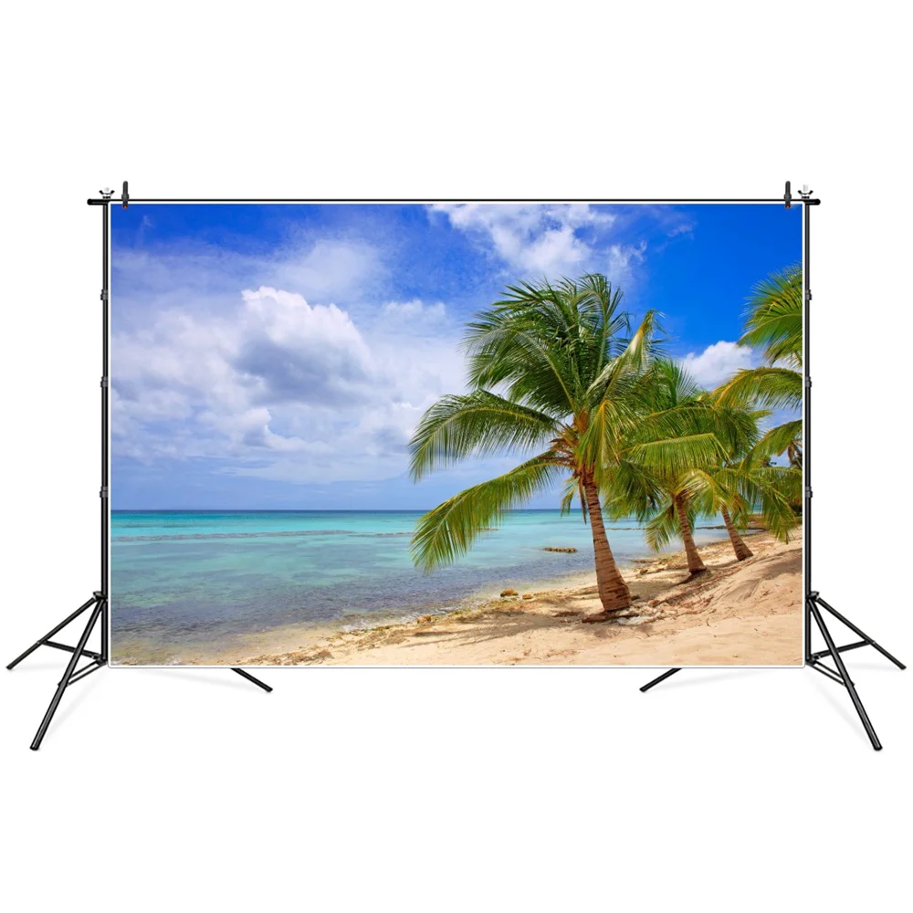 

Tropical Palms Sea Beach Scenic Summer Party Photography Backgrounds Clouds Sunnu Sky Holiday Home Decoration Photo Backdrops