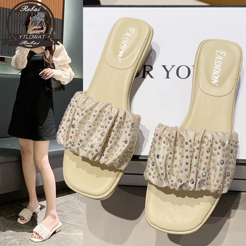 

Slippers Women Summer Shoes Glitter Slides Rubber Flip Flops Square Toe Med Fashion Pantofle Shallow Jelly Hawaiian Soft Luxury