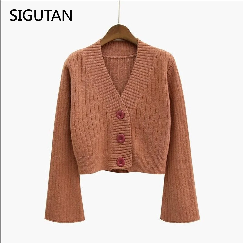 

2022 Cardigan Autumn Long Flare Sleeve Short Sweater Women Ribbed Knitted Cotton Tops Black White Ladies Soft Outwear Female