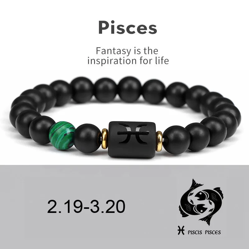 

12 Constellation Couple Bracelet 8mm Black Stone Beads Men Bracelets for Women Black Onyx Stone Elastic Charm Bracelet Gift