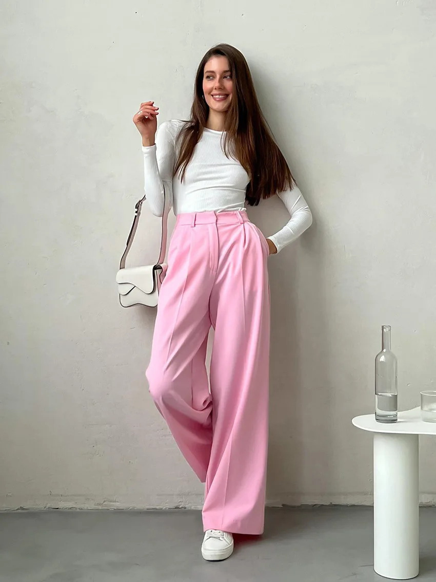 

Clothland Women Stylish Pink Pants High Waist Zipper Fly Office Wear Casual Fashion Ankle Length Trousers Mujer KA397