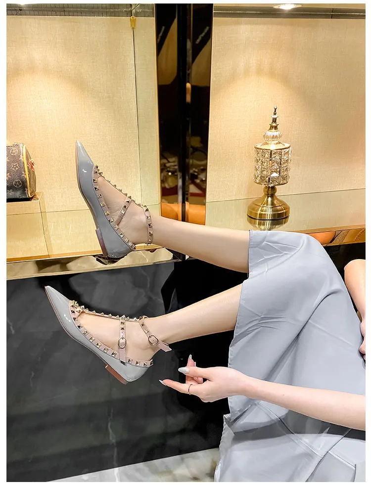 Riveted Pointed Flat Shoes 2023 New Spring/Summer Shallow Cut Genuine Leather Single Shoe Fashion Temperament Women's Sandals 41