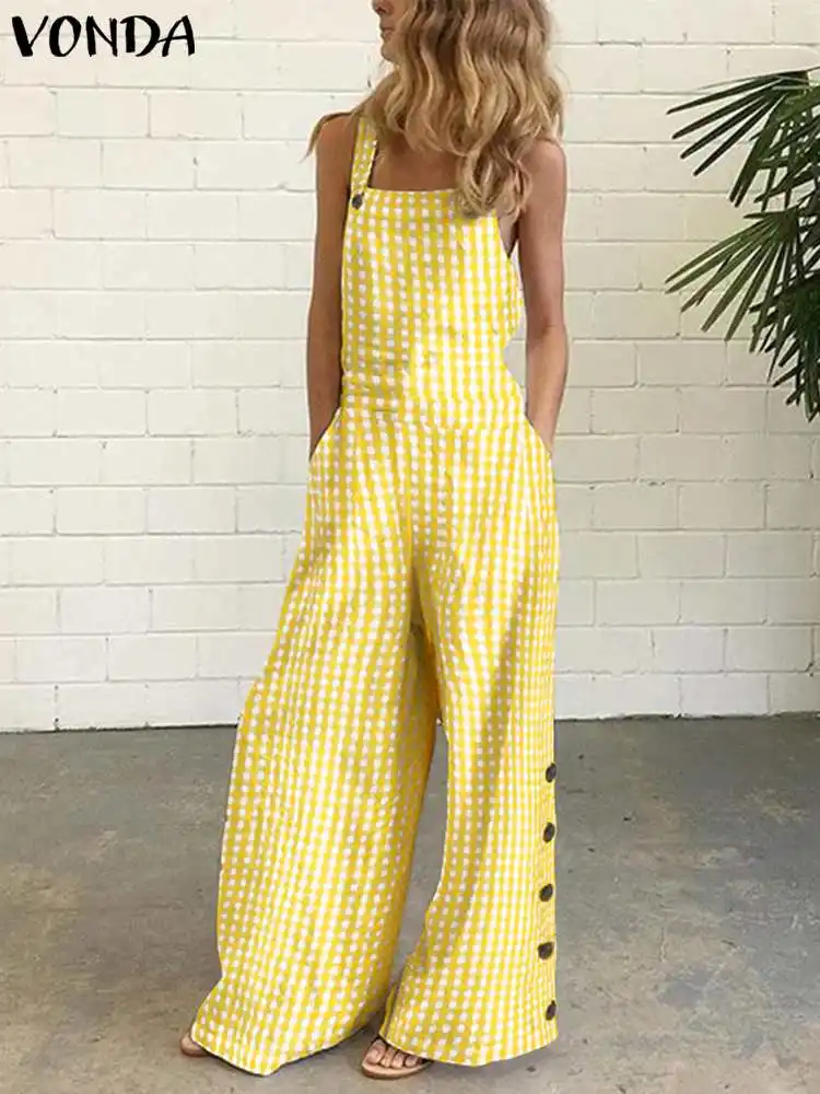 

Women Summer Rompers VONDA 2022 Vintage Plaid Jumpsuits Sexy Sleeveless Playsuits 2022 Wide Leg Pants Casual Party Overalls