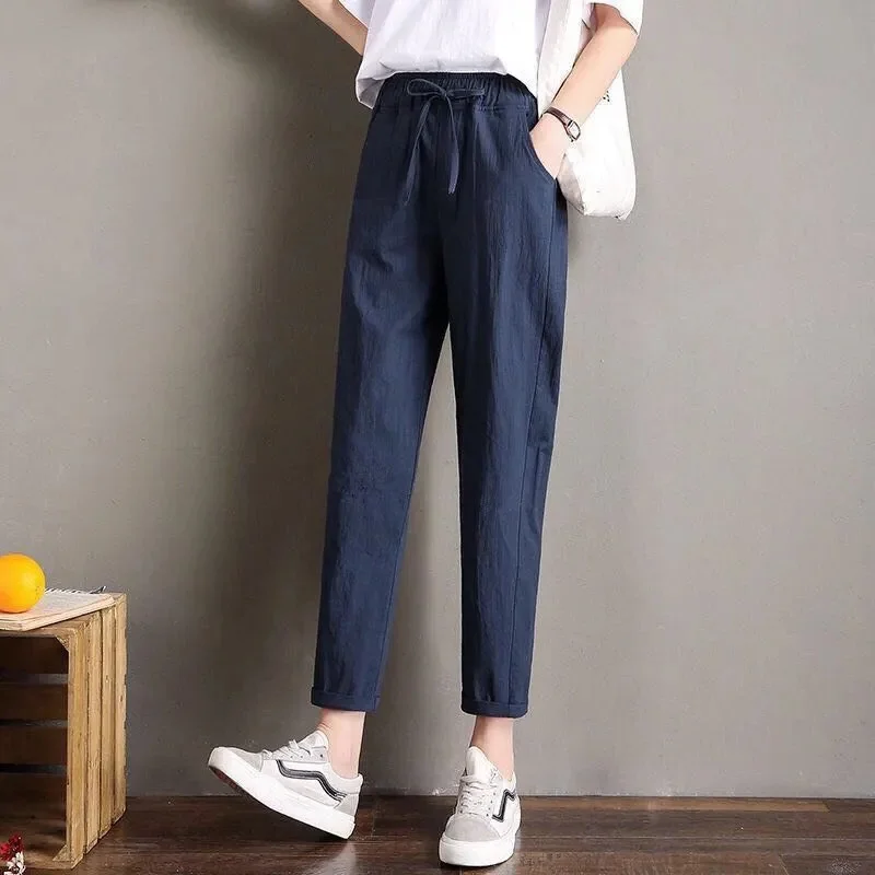 

Imitation Cotton Linen Nine-Point Harem Pants Female Korean2023Summer New High Waist Radish Trousers Casual Straight Pants Woman