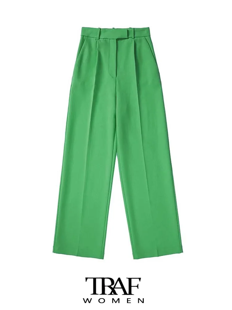 

TRAF Women Fashion Front Darts Side Pockets Wide Leg Pants Vintage High Waist Zipper Fly Female Trousers Mujer