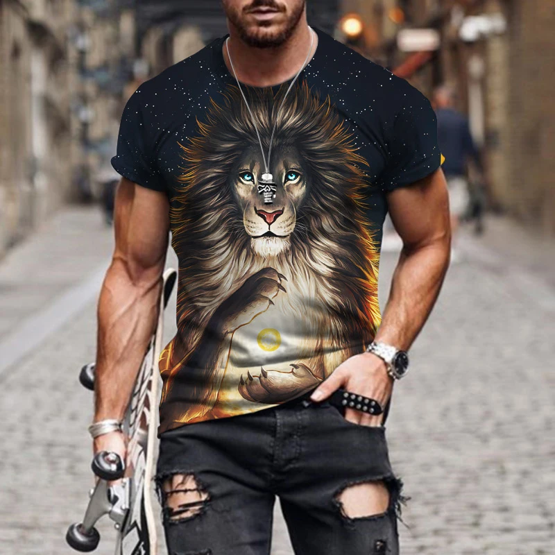 

2022 Summer New 3D Printing Three-dimensional Tiger Head Owl Personality Short-sleeved Basic T-shirt Men and Women Plus Size