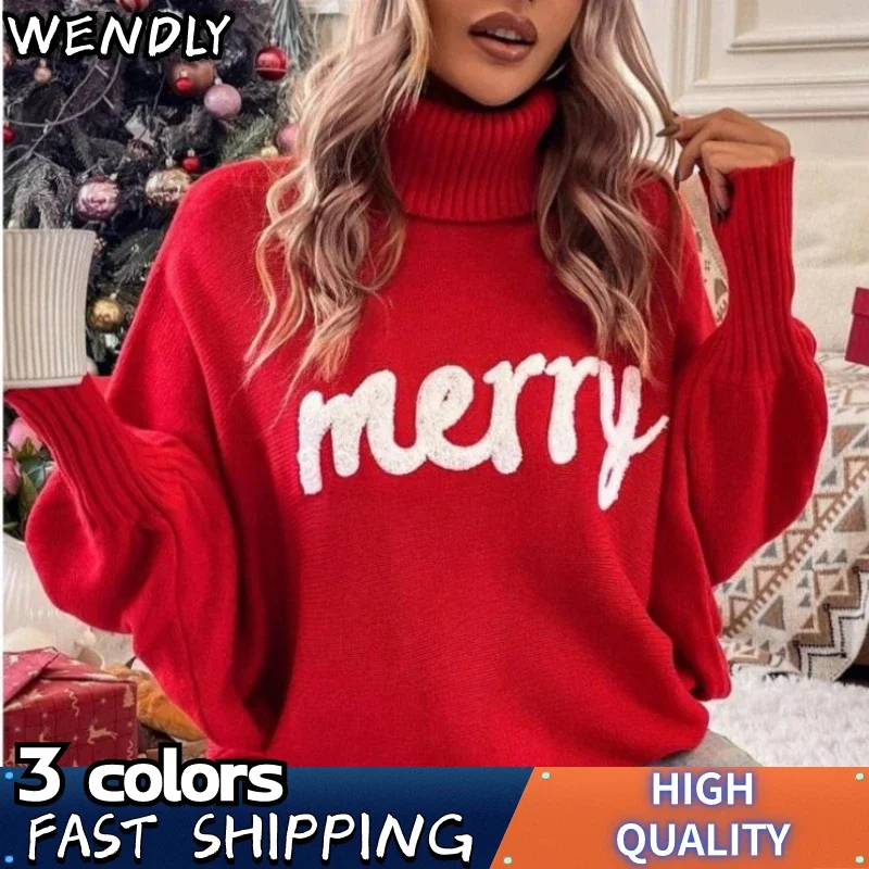 

Christmas Sweater Women Autumn Bat Sleeve Merry Letter Loose Pullover Winter Female Turtleneck Knitted Sweaters Y2k Jumper Top