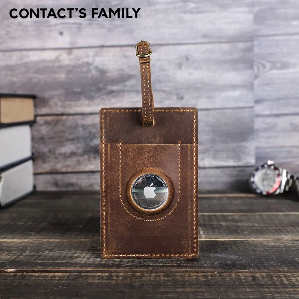 CONTACT'S FAMILY Vintage Genuine Cowhide Leather Luggage Tag for Fashion Men Women Solid Travel Accessories with Airtag Slot