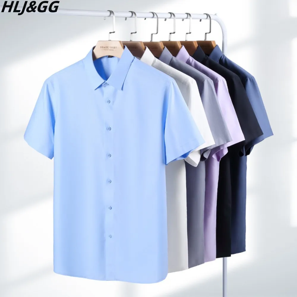 

HLJ&GG Men's Casual Business Short Sleeve Shirt Man Waterproof and Iron-free Soild Dress Shirts Male Lapel Button Basic Shirt