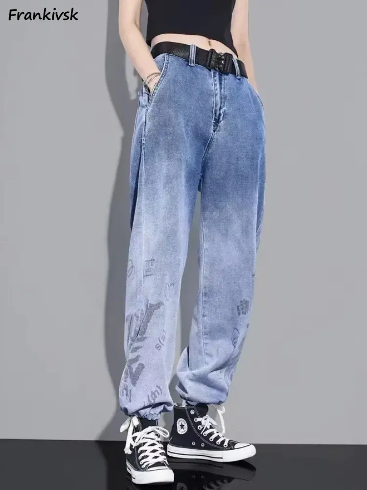 

S-5XL Mom Jeans Women Summer Retro Basic All-match High Waist Printed Harem Trousers Popular Korean Style Casual Spring Clothes