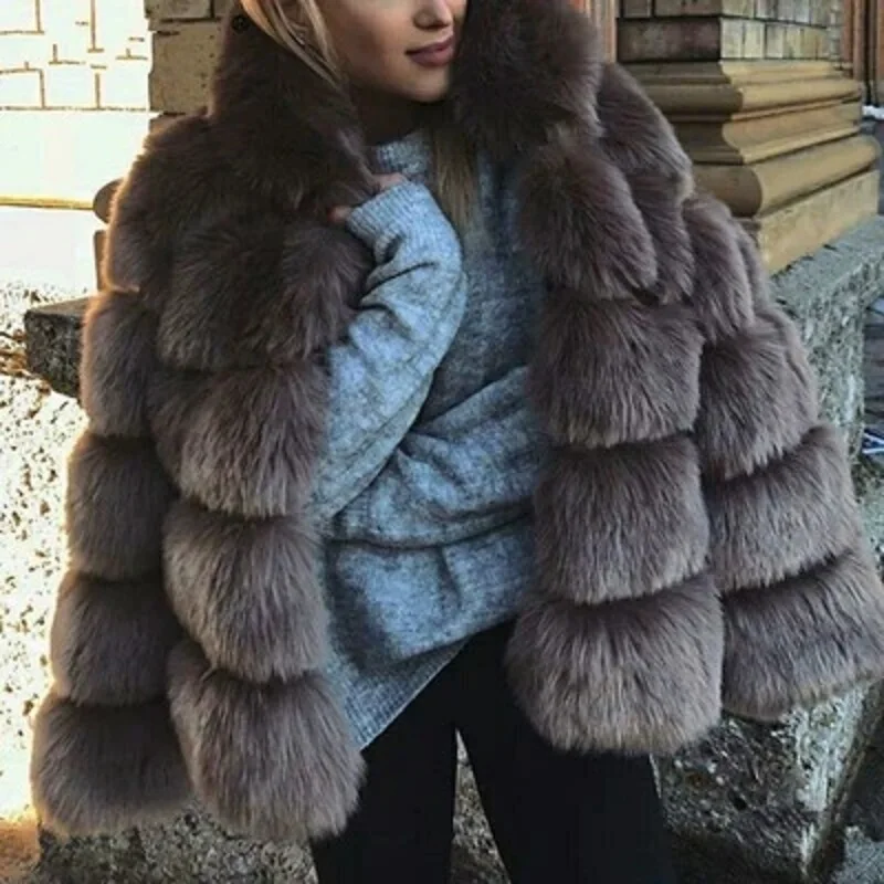 Wepbel Faux Fox Fur Hooded Coat Mid-Length Long Sleeve Cardigan Faux Fur Coats Jackets Women Outwear Keep Warm Fur Jackets