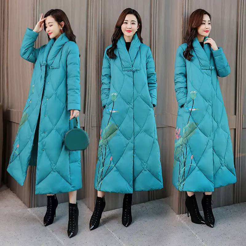

2022 Winter Chinese Style Cotton Women Printing Coat Vintage Horn Button Wide-waisted V-neck Down Parkas Clothes