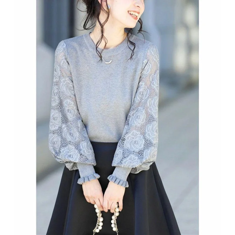 

Pullover sweater lace splicing lantern sleeve round neck pullover sweater for women sweater long sleeve casual sweater female
