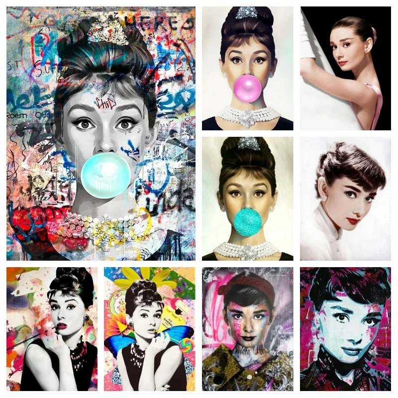 

Graffiti Audrey Hepburn Bubble Gum Diamond Painting Art Full Drills Cross Stitch Movie Actress Portrait Handwork Gift Wall Decor