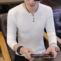 2022 mens spring and autumn thin elastic v neck pullover individual button decorated solid color bottoming sweater