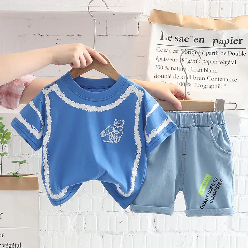 

Летняя одежда для малышей 2022, футболка с мультяшным медведем для мальчиков и девочек, шорты, 2 шт./компл., повседневная одежда для малышей, детские спортивные костюмы