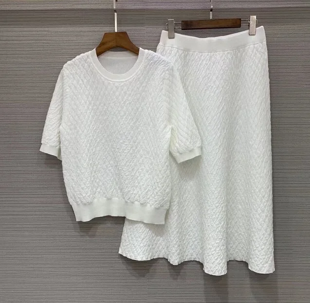 

Женский трикотажный шерстяной костюм, комплект из пуловера с коротким рукавом и длинной юбки с поясом на резинке, Осень-зима 2022