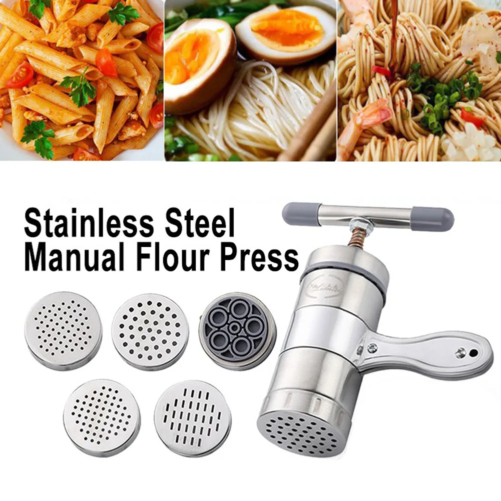 

5 Different Molds Manual Noodle Machine Stainless Steel Noodle Maker Screw Propeller Rocker Home Kitchen Use Pasta Maker