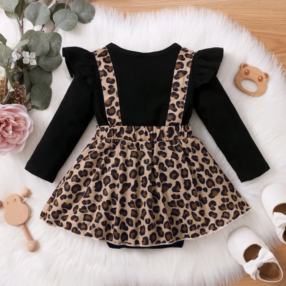 Baywell 2Pcs Autumn Baby Girls Clothes Solid Color Long Sleeve Romper + Leopard Print Strap Skirt Fashion Infant Girl Clothing