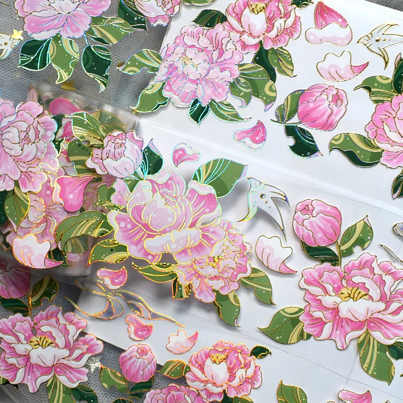 

Peony Pink Stationery 1roll Laser Tape Sticker Scrapbooking Journal Gold Flower Tape Aesthetic Japanese Foil Decorative
