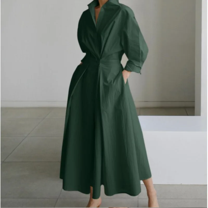 

Элегантный женский весенний сарафан большого размера Zanzea, модное однотонное длинное платье-рубашка с отложным воротником и длинным рукаво...